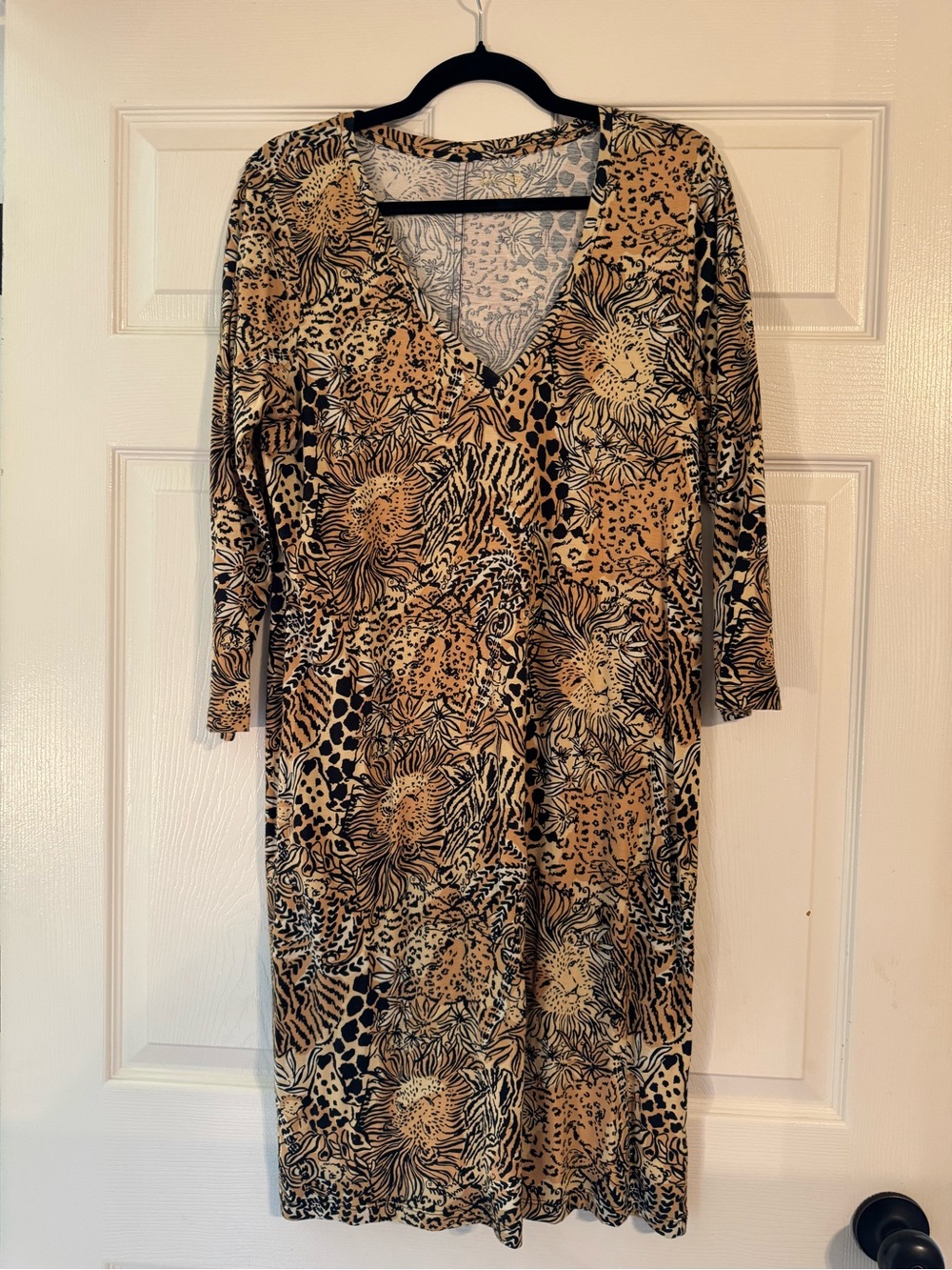 Lilly Pulitzer Long Sleeve V-Neck Animal Floral Print Dress - Beige & Black
